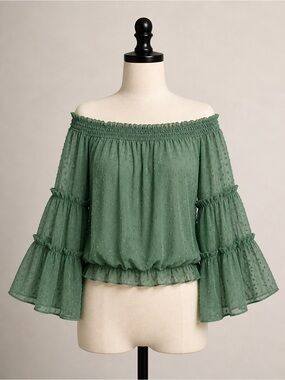 Smocked Off-Shoulder Swiss Dot Blouse in Forest Green